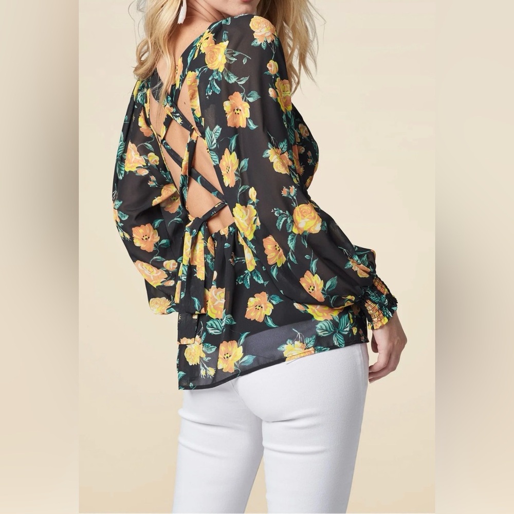 Venus Blooming Roses Lace-Up Blouse - Black Multi